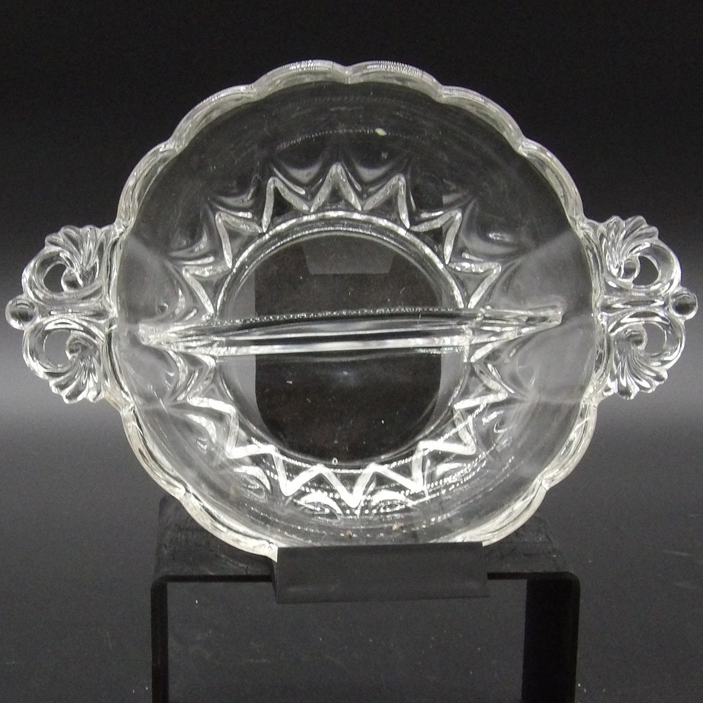 Vintage MCM Imperial Glass Divided Nut/Relish Dish with Ornate Handles
