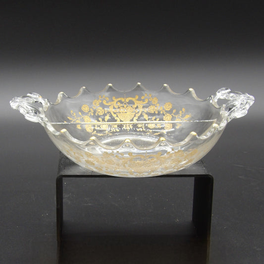 Vintage Glass Divided Relish/Candy Dish, Etched with Gold Overlay