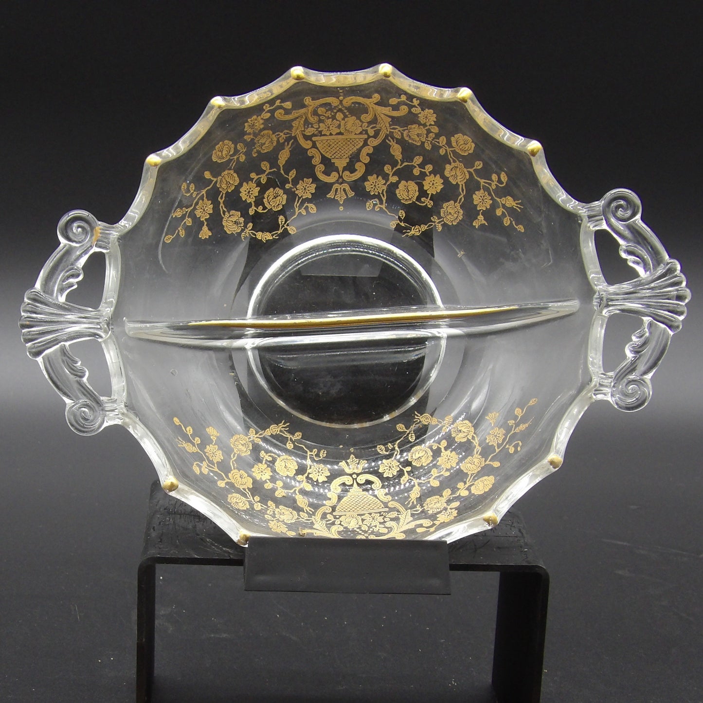 Vintage Glass Divided Relish/Candy Dish, Etched with Gold Overlay