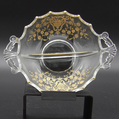 Vintage Glass Divided Relish/Candy Dish, Etched with Gold Overlay